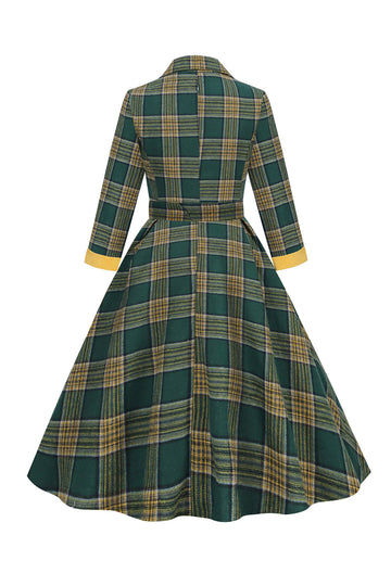 Verde V Cuello Vestido Vintage A Cuadros